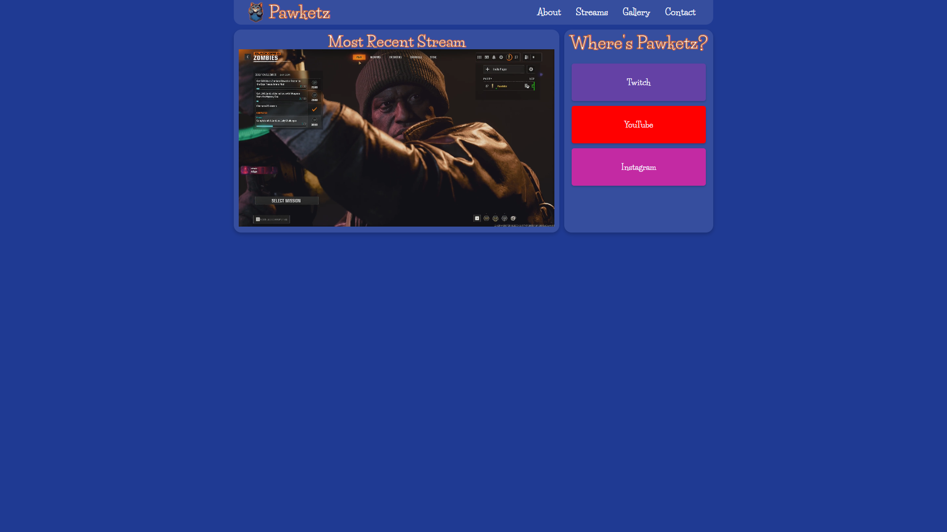 The homepage of pawketz.com. A navy blue background with burnt orange accents. The website diplays the latest pawketz twitch stream alongside social media links.