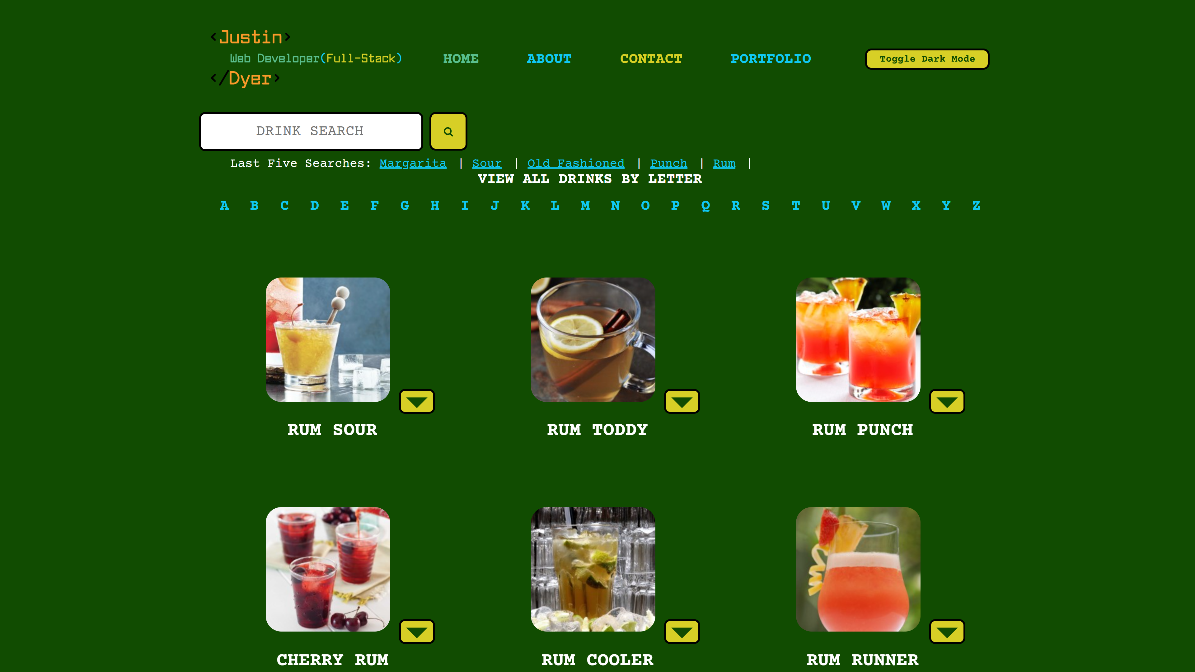 screenshot of the top of the cocktail recipe search page.